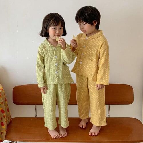 Childrens Girls Boys Pajamas Spring Nightwear Long Sleeves Cotton 2pcs Dot Pyjamas Teen Girls Sets Clothes Kids Sleepwear Unisex