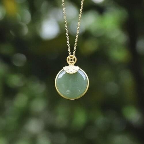 Natural Hetian Jade Green Jade Pendant S925 Sterling Silver round Jade Necklace Womens Simple Craft Birthday Gift Jewelry