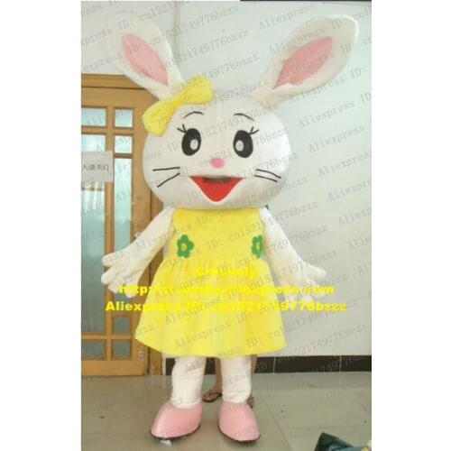 Clever White Rabbit Hare Bunny Mascot Costume With Big White Pink Ears Yellow Bowknot Long Black Curve Eyebrows No.5809 Free Shi