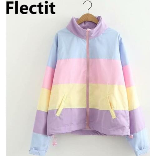 Flectit Women Pastel Rainbow Bomber Jacket Cute Color Block Duster Souvenir Sukajan Windbreaker Girls Harajuku Pastel Goth