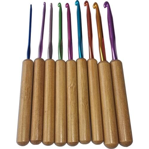 9pcs Aluminum Crochet Set Bamboo Handle Knitting Needles Kit Crochet Hooks Weaving Tools Sewing Accessories