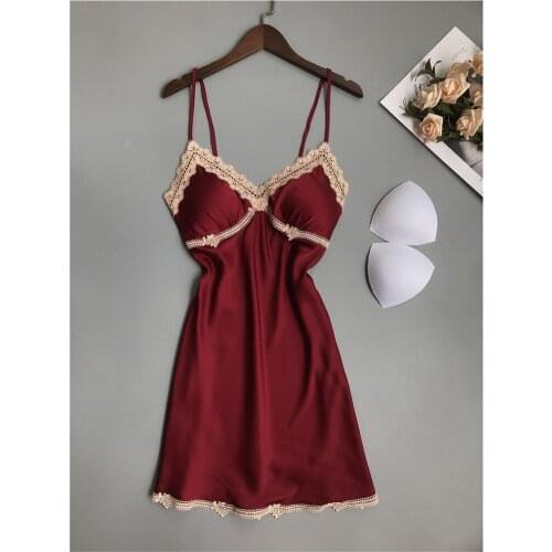 Sexy Nightdress Ladies Lace Print Nightgown Soft Silk Satin Elegant Sleepwear Summer Nightwear NO Chest Pads Homewear