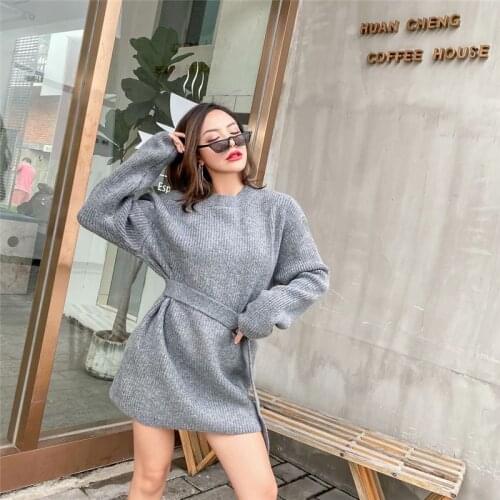 Spring and autumn new all-match pure color waist round neck long-sleeved sweater women, loose and thin casual sweater women