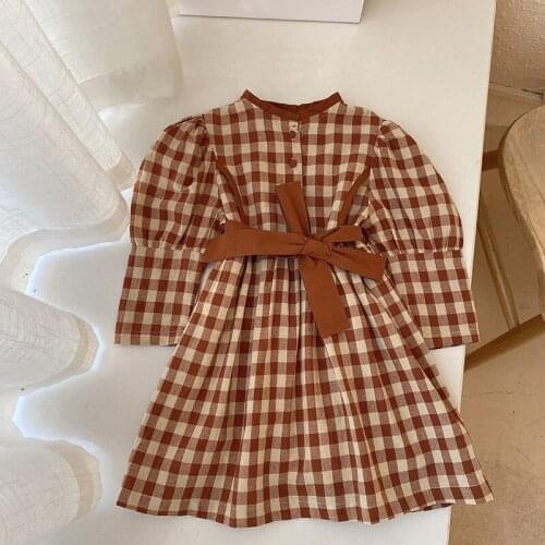 Girls' Coffee Color Plaid Tie Belt Dress Girls Autumn Clothes Toddler Girl Fall Clothes Korean Baby Clothes Kids Dresses for