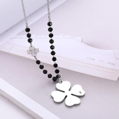 Four Leaf Clover Stainless Steel Pendant Necklace For Women Black Crystal Long Sweater Necklace New Design Party Fashion Jewelry