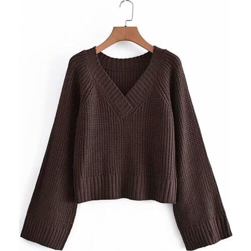XIKOM 2021 Women High Quality Dark Brown V-Neck Hedging Knitting Sweater Female Vintage Flared Long Sleeves Loose Sweaters