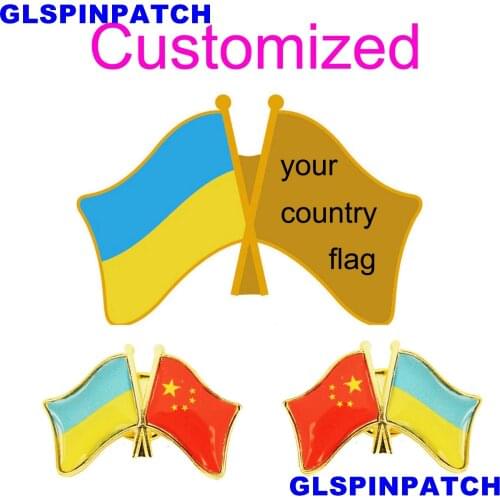 Ukraine Crossed Friendship Flag Double Country lapel pin Brooch USA UK France Chile Russia Saudi Arabia Japan Spain Badge