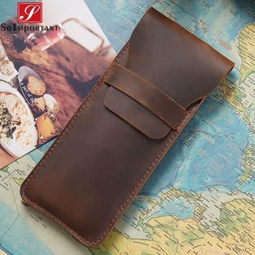 Vintage Handmade Genuine Crazy Horse Leather Pens Pencil Bags Pouch Pocket Case Wallets Coin Purse Organizer Protective Case