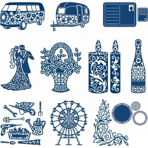 Vintage Bus Car Skyscraper Candles Bottle Postcard Flower Basket Circle Bride Groom Cutting Dies DIY Scrapbooking 2020