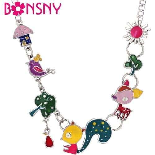 Bonsny Enamel Alloy Squirrel Bird Deer Necklace Pendant Choker Cartoon Animal Jewelry For Women Girls Teens Birthday Gift Bijoux
