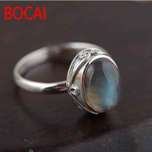Silver jewelry wholesale Natural moonstone White pan blue Contracted egg-shaped Fashionable sterling silver ring