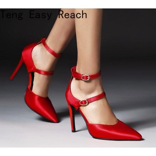 Women high heels sexy stiletto pointed toe party Dress ankle strappy high heels black red green ladies wedding shoes