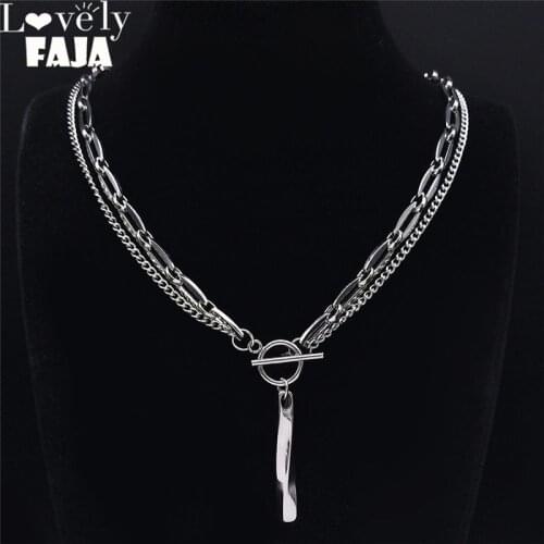 2021 Punk Pendant Necklace Women Silver Color Stainless Steel Double Layer Chain Necklace Jewelry acero inoxidable NK101S03