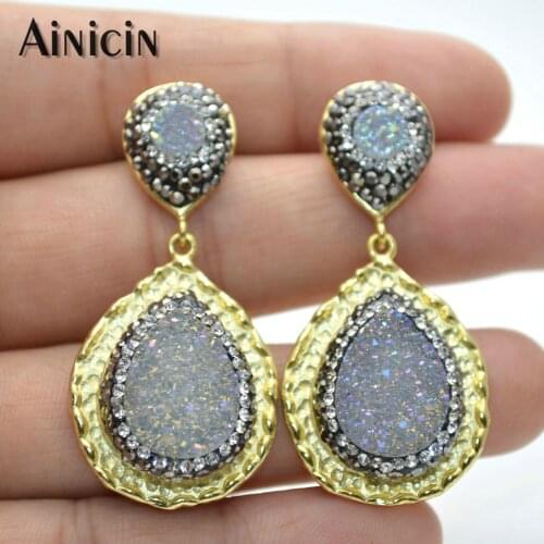 Druzy Rhinestone Clay Paved Water Drop Dangle Earrings Gold Color Fashion Women Jewelry 5pairs/lot