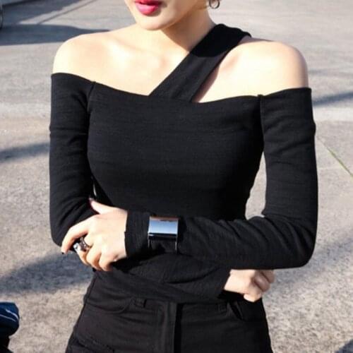 Straight Neck Sexy Off Shoulder White Long Sleeve T-Shirt Top Early Autumn New Pure Cotton Slim Bottomed Shirt Women Clothing