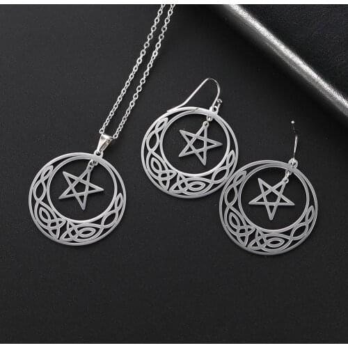 Skyrim Pentagram Irish Knot Stainless Steel Jewelry Set Black Golden Gothic Pendant Necklace Statement Dangle Earring Gift Women