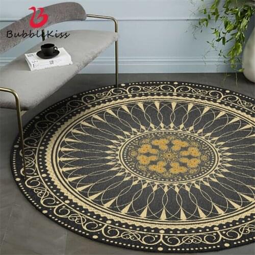 Bubble Kiss Round Carpet Ethnic Style Black Gold Print Pattern Modern Home Rug Bedroom Decor Polyester Coffee Table Non-Slip Rug