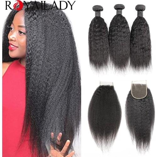 Kinky Straight Bundles With Closure Brazilian Yaki Human Hair 3 Bundles with Lace Closure Long Length Remy Hair Extensions