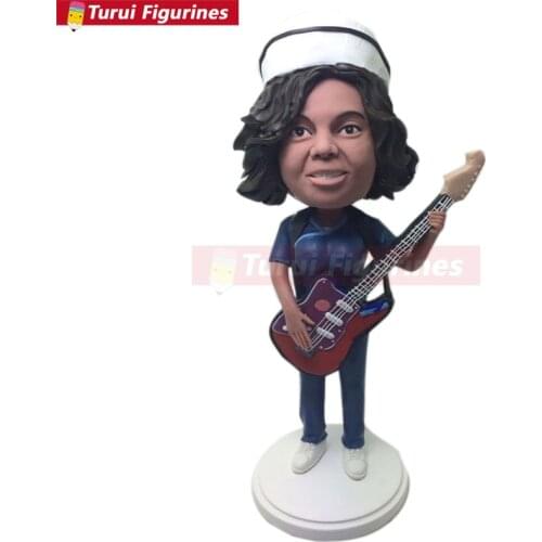 Nurse Playing Guitar Personalized Gift Clay Figurines Custom Bobble Head Based on Customers' Photo Birthday Cake Topper Wife Gir