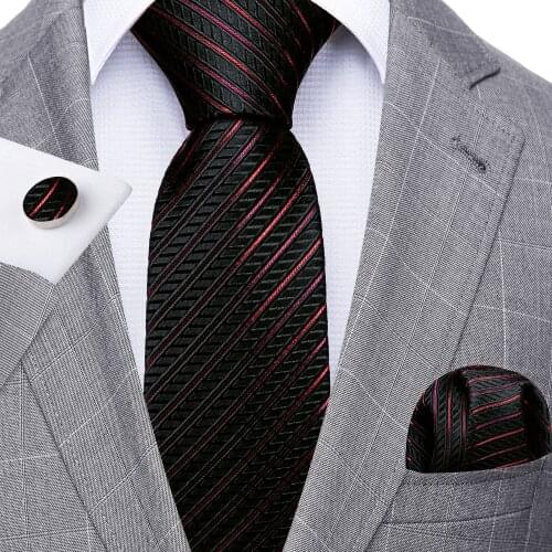 Fashion Red Striped Men Tie Set Silk Jacquard Necktie Wedding Business Handkerchief Cufflinks Tie Barry.Wang Designer FA-5318