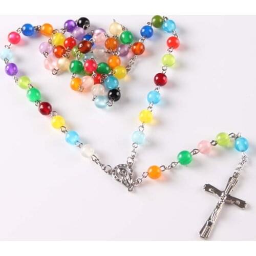 New High Quality Cross Pendant colorful colored Rosary Beads Necklace Brand New 10 pcs/ lot
