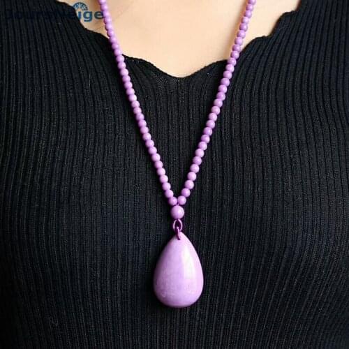 Wholesale Purple Natural Mica Pendants Carved Water Drop Pendant Necklace Round Beads Sweater Chain Lucky for Women Jewelry