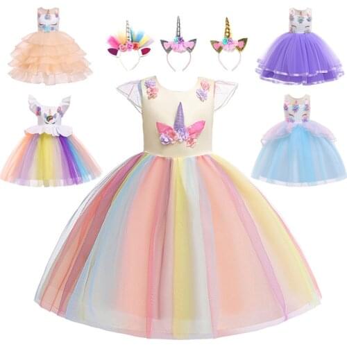 4-12T Halloween Dress Children Unicorn Dress Girls Dress Mesh Rainbow Princess Beautiful Sleeveless Dress Cotton Cute Dress