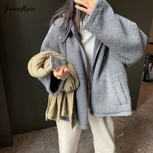 JuneRain 2021 Women Thick Warm Solid Lamb Fur Parkas Oversized Jackets Winter Hooded Outwear Double-side Female Pockets Clothing