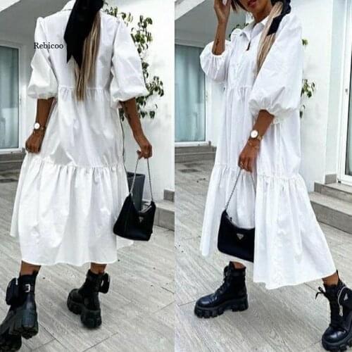 Women Elegant Turn-Down Collar Button Shirt Dress Spring Vintage Solid Half Sleeve Party Dresses Lady Fashion Casual Loose Dress