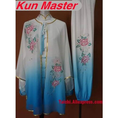 Custom Tai Chi Performance Uniform Flower Embroidery Martial Art Kung Fu Clothing White And Blue Gradient Colors Three Pieces