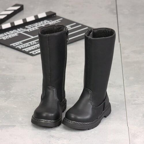 New Winter Kids Platform High Boots Leather Long Zipper Plus Velvet Warm Fashion Elastic Boots Black Mircofiber Upper Baby Shoes