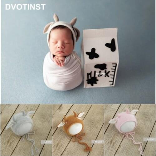 Dvotinst Newborn Photography Props for Baby 2021 Knitted Cute Cow Bonnet Wool Hat Fotografia Accessory Studio Shoot Photo Props