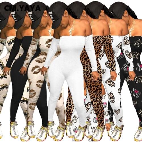 CM.YAYA 2021 Leopard Mouth Letter Print Off Shoulder Long Sleeve Bodycon Jumpsuit Women Sexy Club Party One Piece Overall Romper
