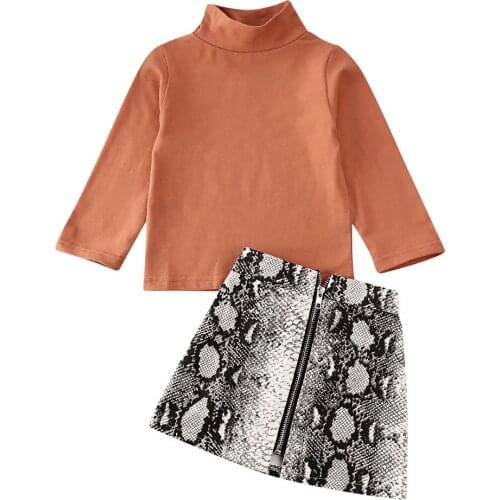 Spring Autumn Toddler Kid Baby Girl Clothes Set 2pcs Turtleneck Solid Long Sleeve Top+Snake Print A-Line Skirt Outfit