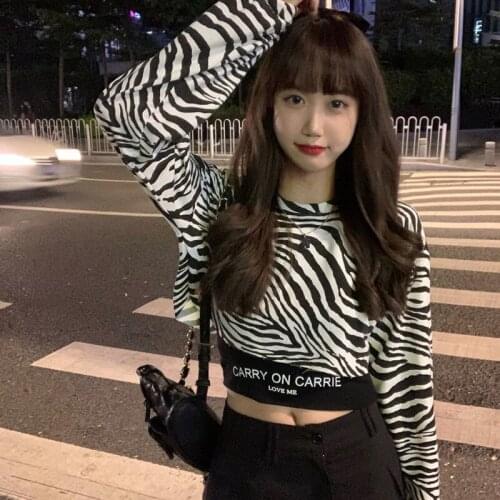 Womens clothing 2020 Long Sleeve T-shirt street zebra pattern short student top Gothic Letter Print Short harajuku woman tshirt