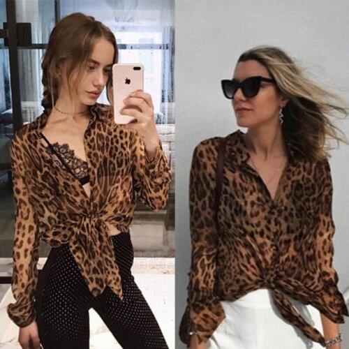 2021 Fashion design womens european style perspective leopard print long sleeve chiffon blouse shirt SML