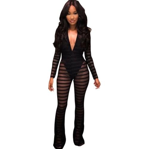 New Sexy Striped Sheer Mesh Jumpsuit with Lining Women Long Sleeves Deep V- Neck Wide Leg Romper Clubwear Party Overalls Leotard