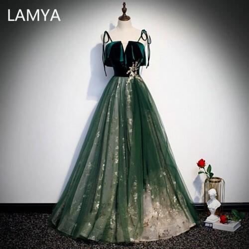 LAMYA Gold Sequined Long A-Line Evening Dresses Ruffles Spaghetti Straps Prom Dress Plus Size Velour Strapless Robe De Soiree