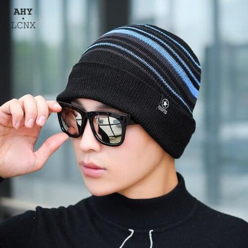 Winter Hat Women Sports Plush Lining Hat Soft Beanie Womens knitted hat Cotton Stripe Men Warm Protect Ears hat