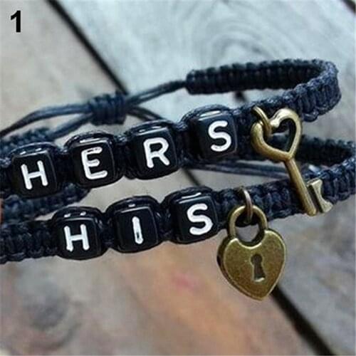 2 Pcs Hot Adjustable Bracelets Set Hers His Words Charm Pendant Braid Alloy Tangle Handmade Bracelets With Key Lock Lovers Gift
