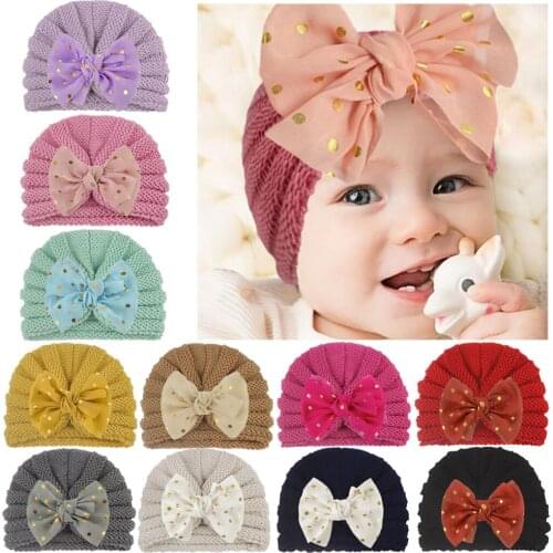 2021 Baby Accessories Clothing Infant Baby Girl Boy Winter Bow Solid Color Warm Cap Crochet Knitted Pearls Hat Kids Turban New