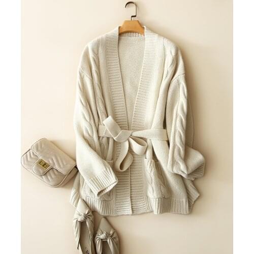 2020 winter luxury 8 ply 100% cashmere cardigan coat women fashion knitwear cable knitted v neck thick warm sweater with belt