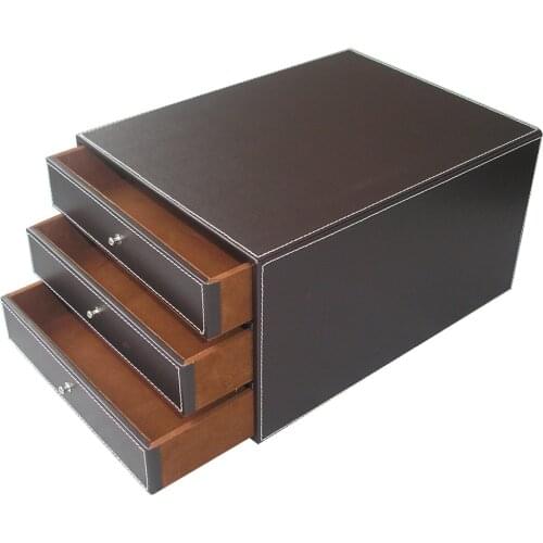 3 Layers Office PU Leather Desk Filing Cabinet A4 Paper File Document Holder Wooden Desk Organizer Magazine Storage Box 3 Drawer