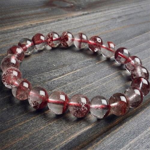9.5mm Genuine Red Phantom Volcanic Ash Quartz Crystal Round Clear Beads Stretch Charm Bracelets For Women