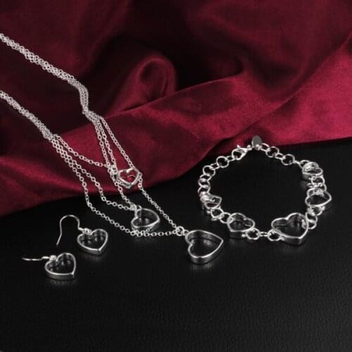 925 sterling Silver Love Heart Bracelet necklace earrings Jewelry set for women Fashion classic wedding Party Christmas Gifts