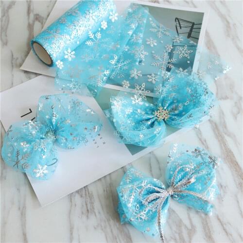 5Yards Sky Blue Bronzing Snowflakes Mesh Fabric Handmade Princess Hair Bow Supplies Hair Accessories DIY Craft Applique 7cm 13cm
