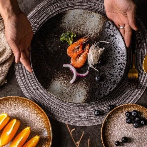 Creative Retro Ceramic Steak Cooking Plate Round Large Dishes Western Tableware Set Fruit Dessert Plate Kitchen Tool Decoration