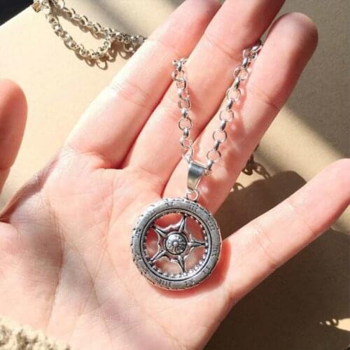 Hollow Printed Triangle Metal Locomotive Tire Round Pendant Necklace Fashion Jewelry Punk Retro Necklace Female Elegant Necklace