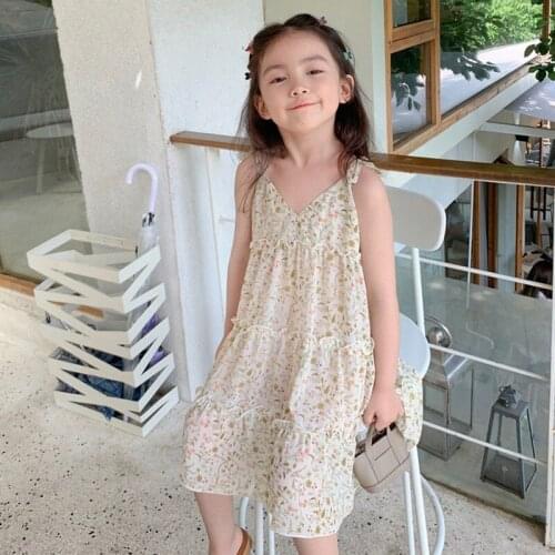 Summer Children Girl Flower Camisole Dress V-neck Beach Princess Dress Sling Sleveless Sundress Kids Clothing For Girl