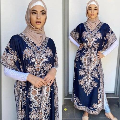 Malay Muslim Women Abaya Print Batwing Sleeve Turkish Dress Kaftan Long Maxi Robe Drawstring Loose Casual Jilbab Caftan Arabic